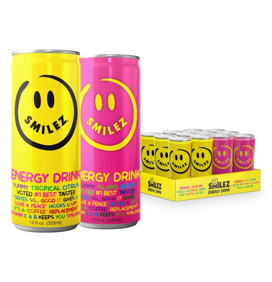 Smilez Energy Drink – Combo (12 Pack) Tropical Citrus & Island Berry, 12oz Cans
