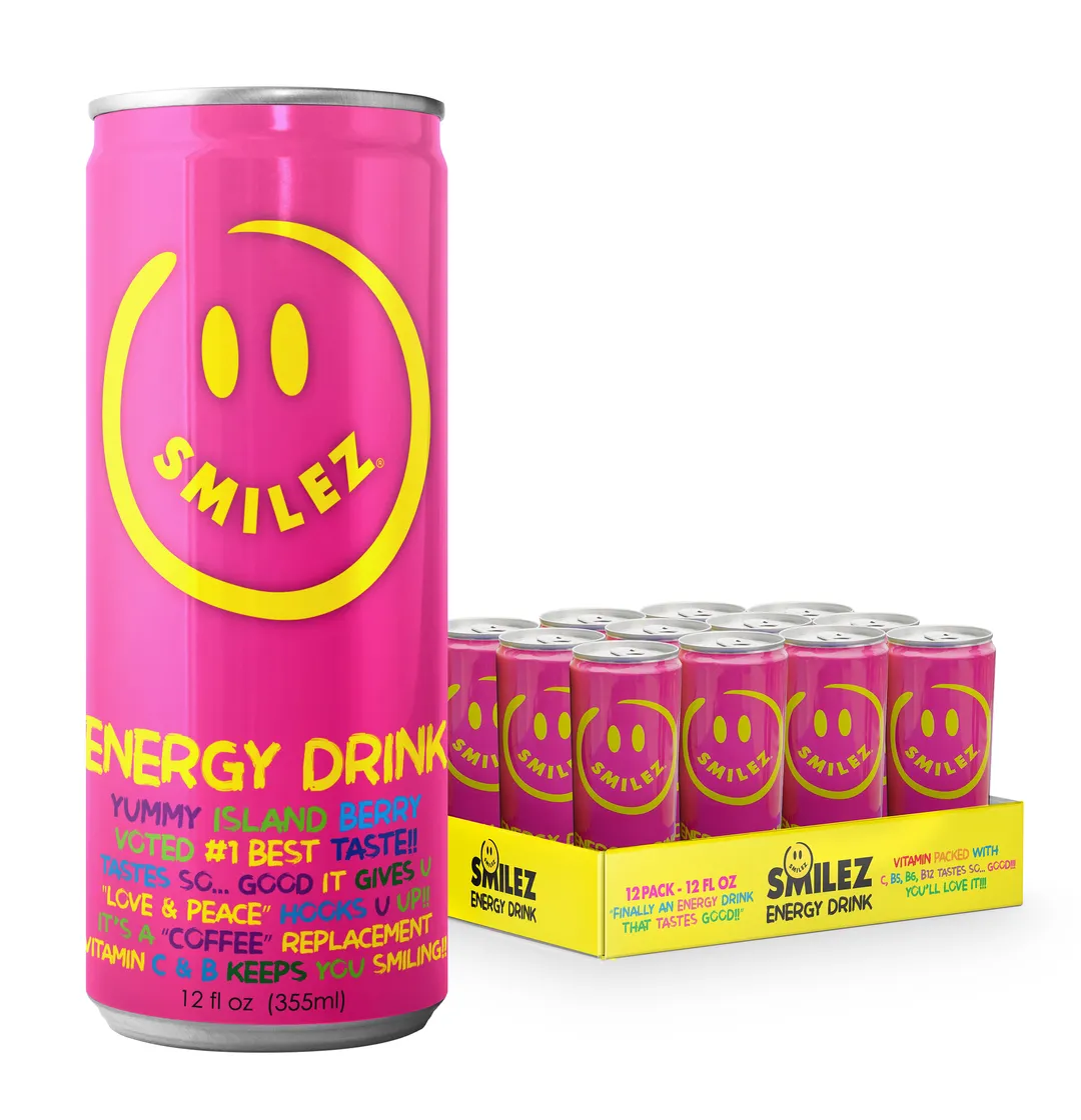 Smilez Energy Drink – Island Berry (12 Pack), 12oz Cans