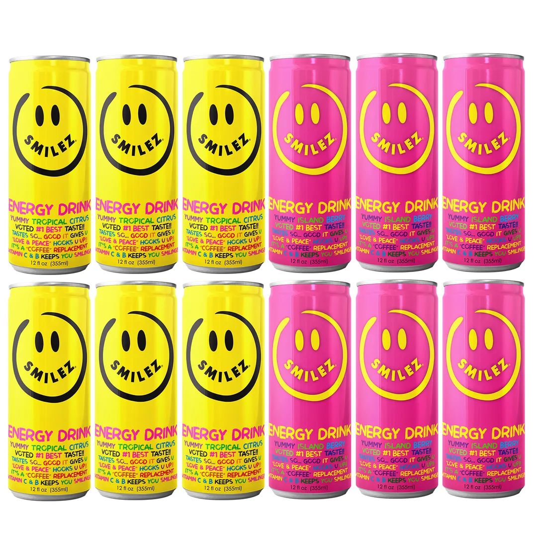 Smilez Energy Drink – Combo (12 Pack) Tropical Citrus & Island Berry, 12oz Cans