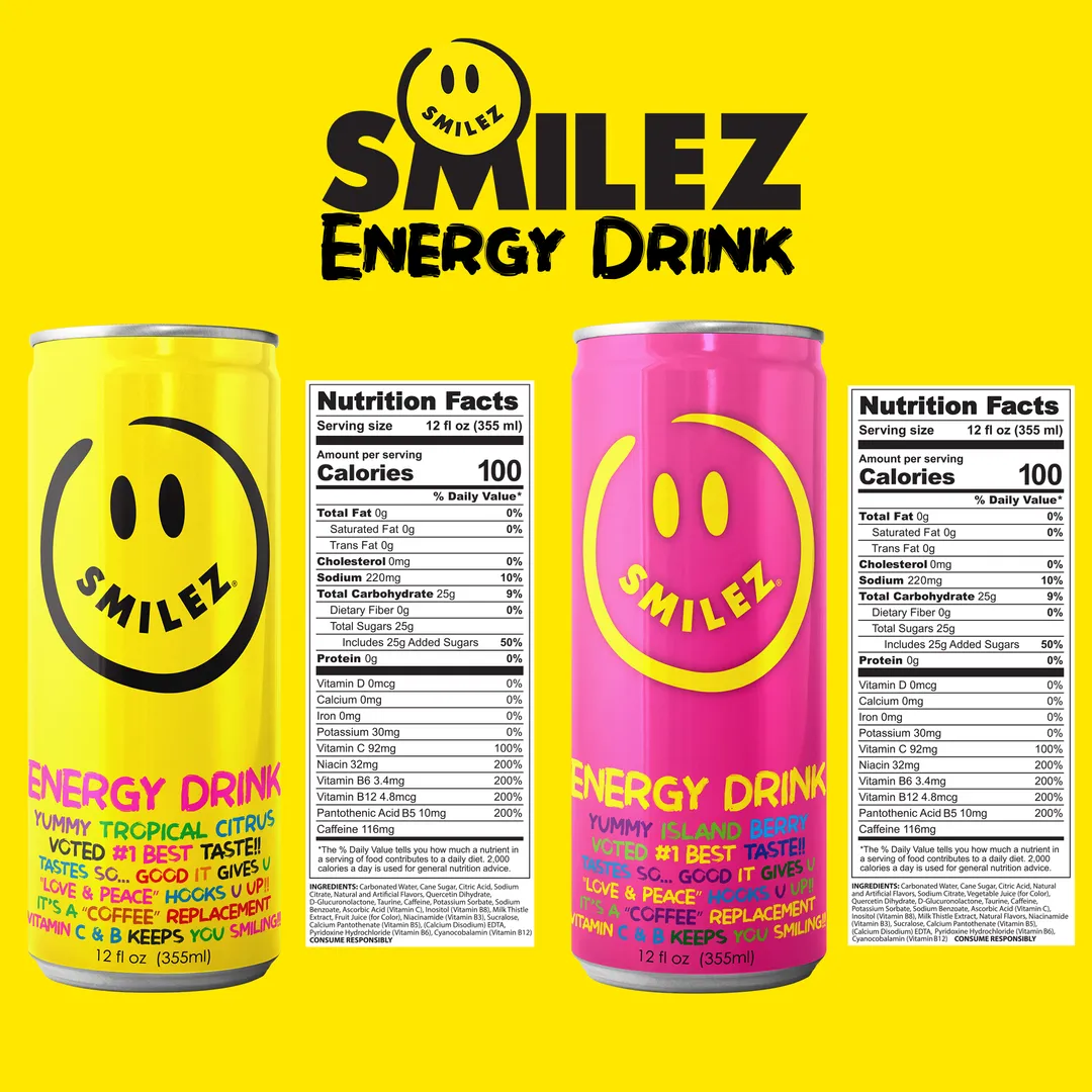 Smilez Energy Drink – Combo (12 Pack) Tropical Citrus & Island Berry, 12oz Cans