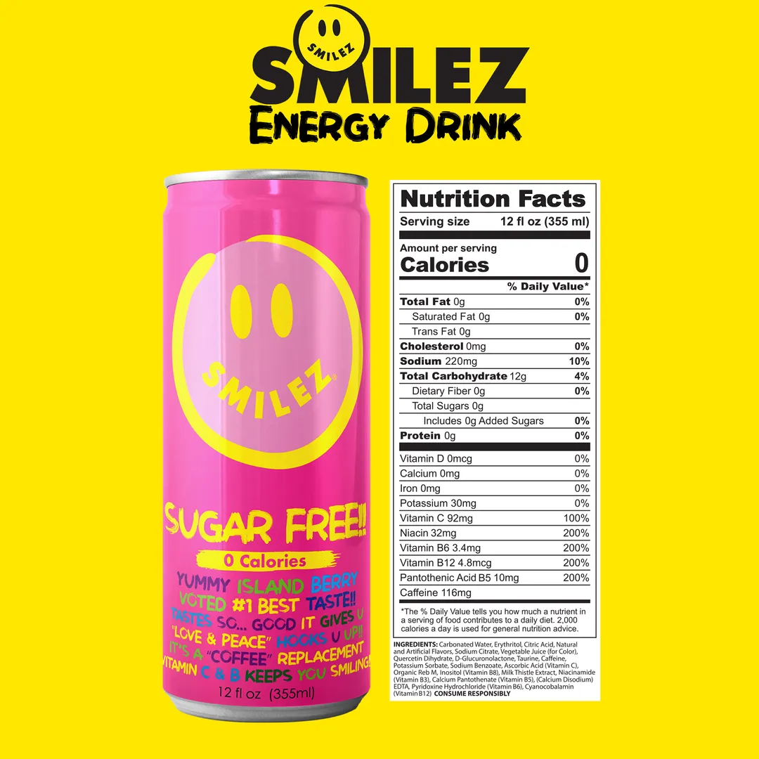 Smilez Energy Drink – SUGAR FREE - Island Berry (12 Pack), 12oz Cans