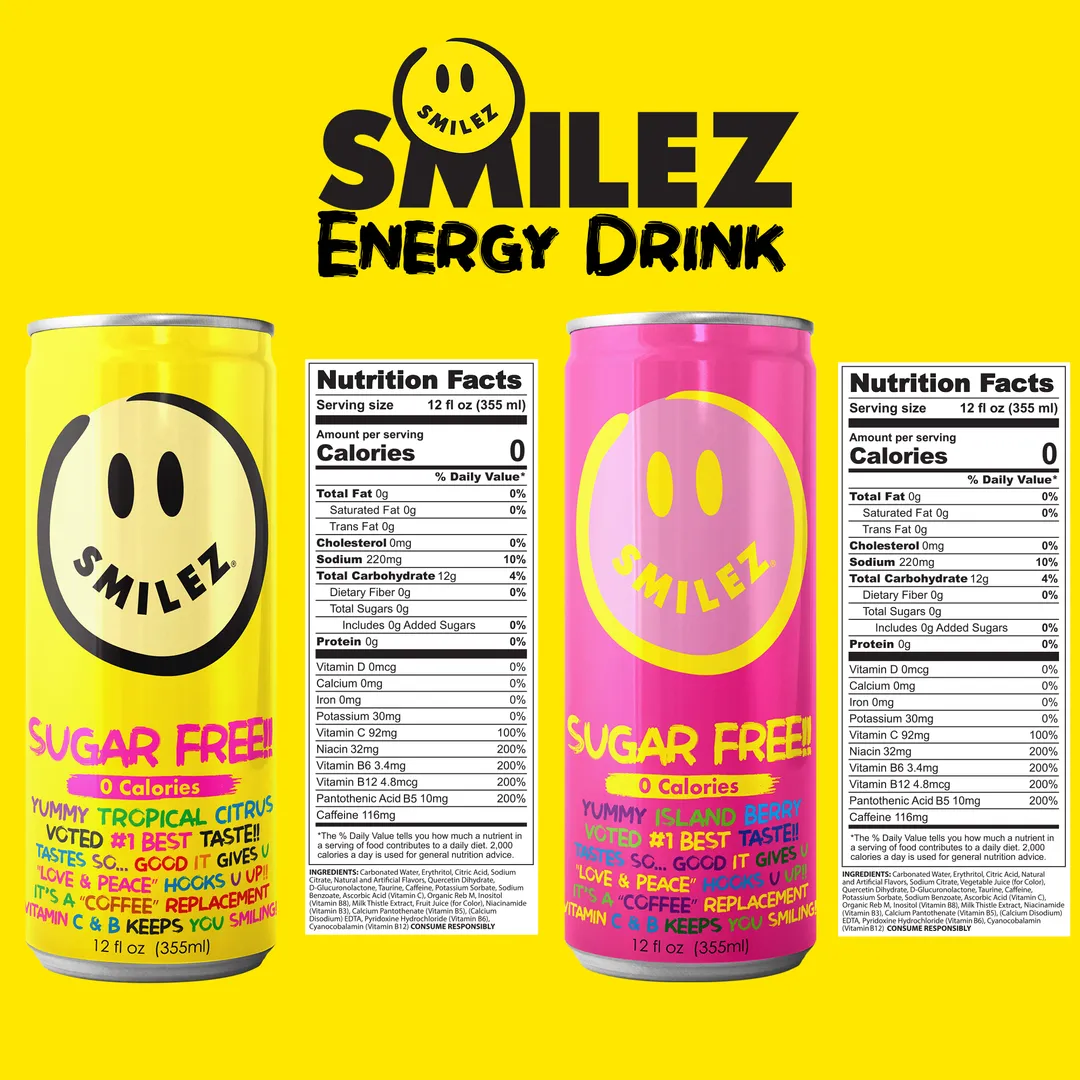 Smilez Energy Drink – SUGAR FREE - Combo (12 Pack) Tropical Citrus & Island Berry, 12oz Cans 