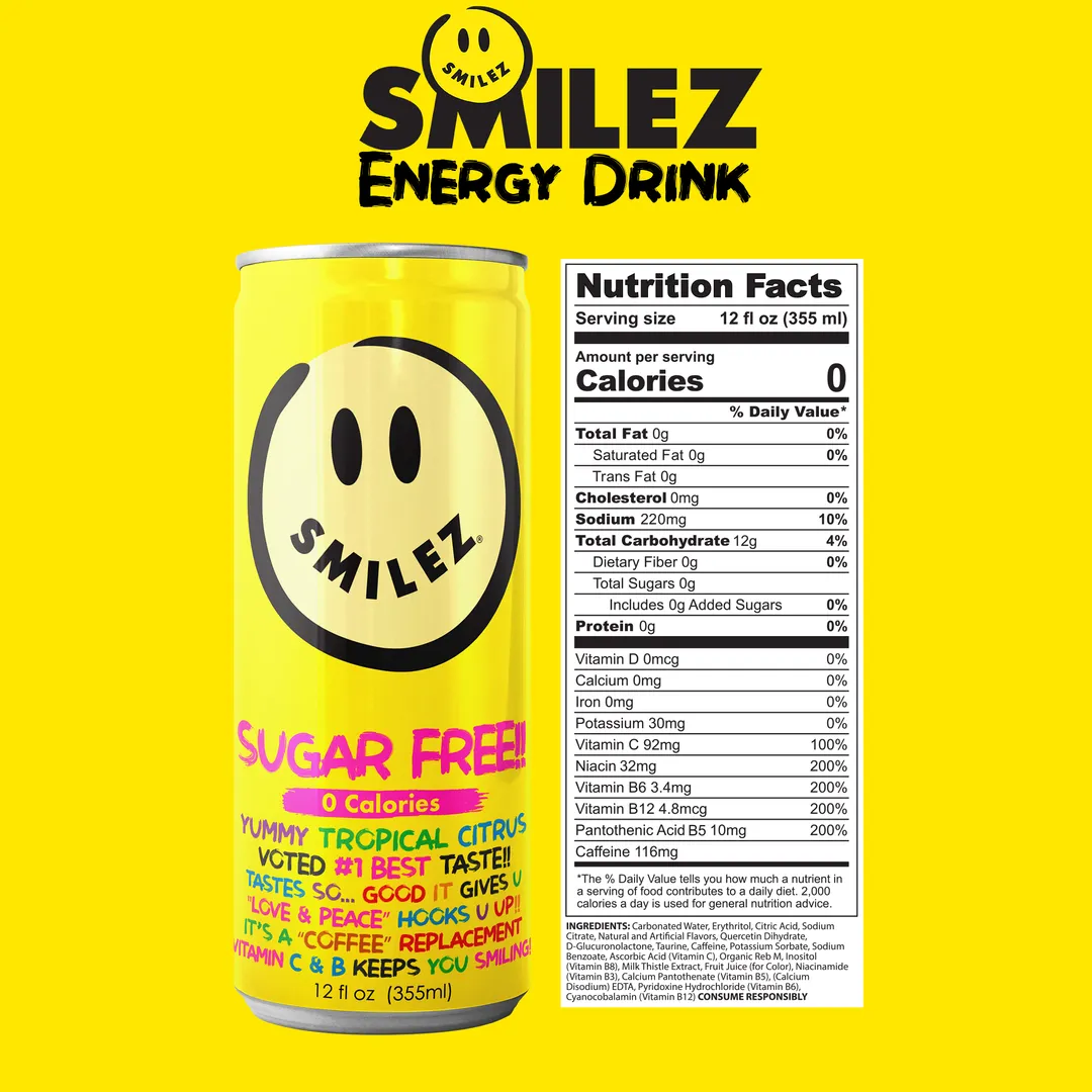 Smilez Energy Drink – SUGAR FREE - Tropical Citrus (12 Pack), 12oz Cans