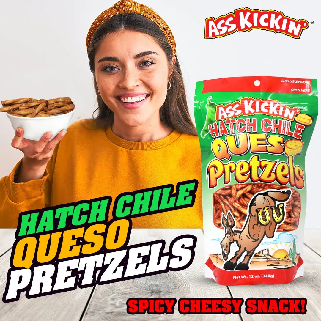 Ass Kickin’ Hatch Chile Queso Pretzels, 12 oz Resealable Bag