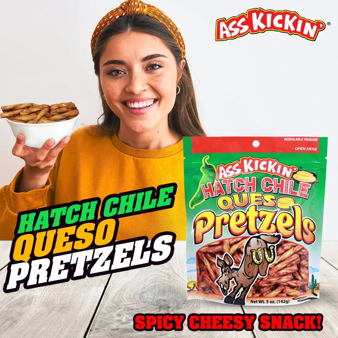 Ass Kickin' Hatch Chile Queso Pretzels, 5 oz Resealable Bags