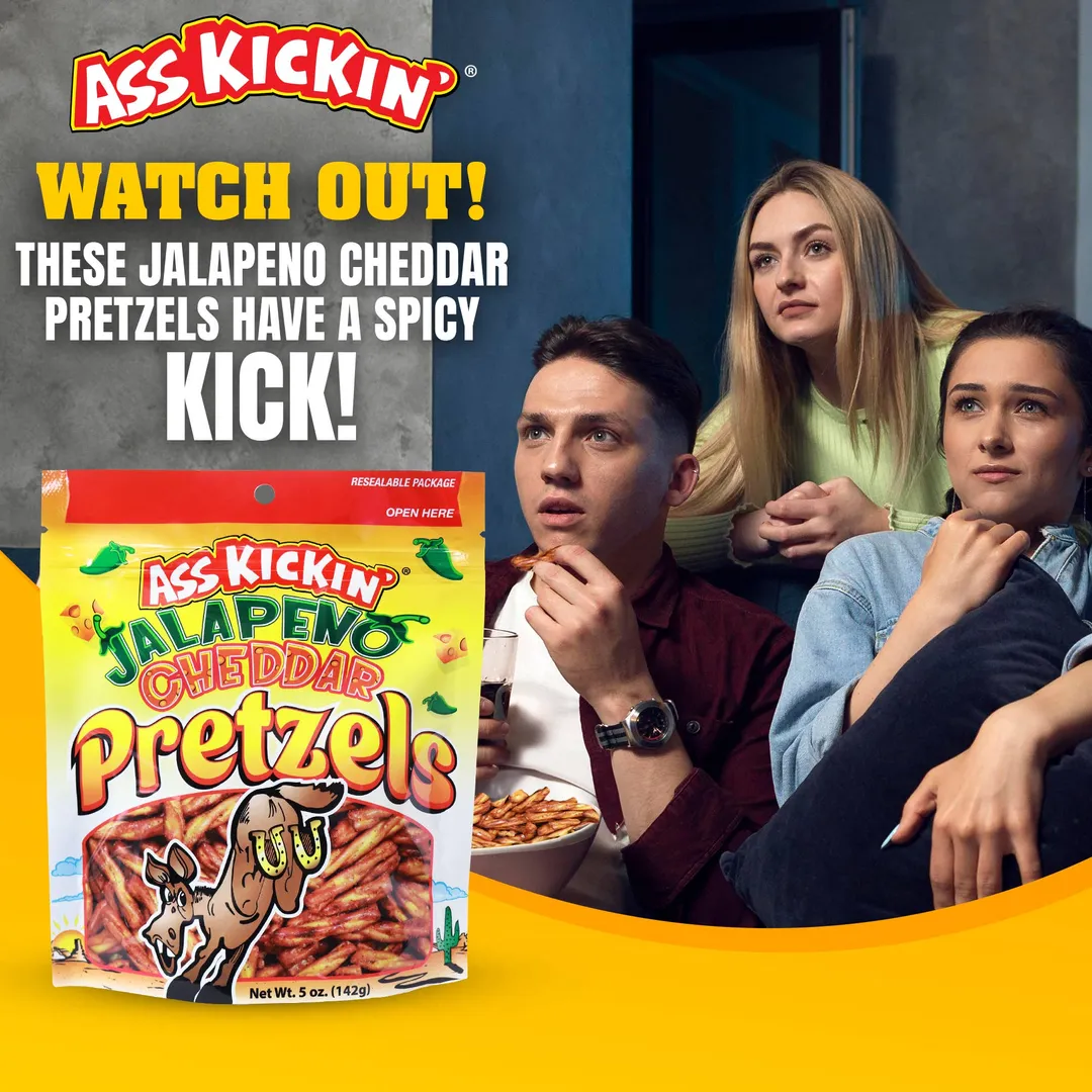 Ass Kickin' Jalapeno Cheddar Pretzels, 5 oz Resealable Bags
