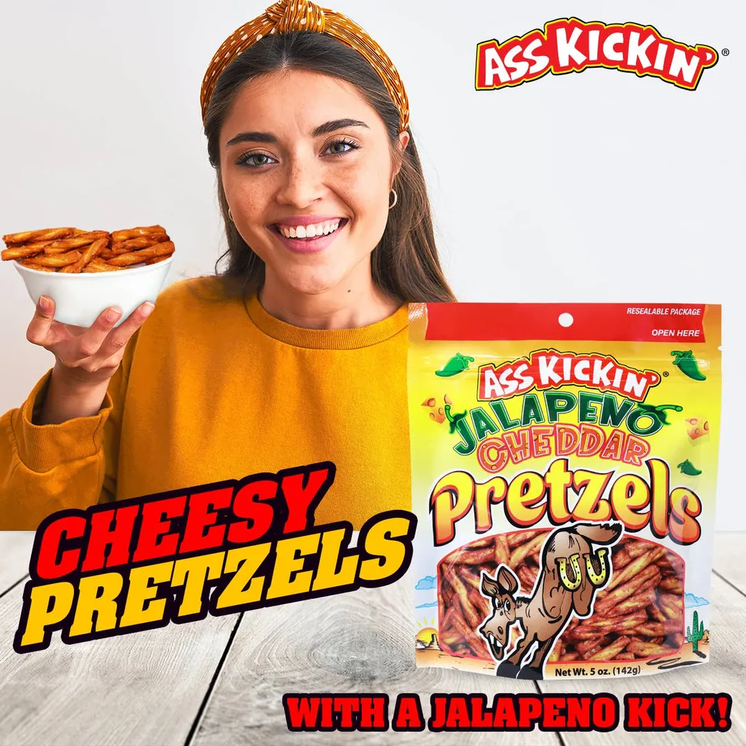 Ass Kickin' Jalapeno Cheddar Pretzels, 5 oz Resealable Bags
