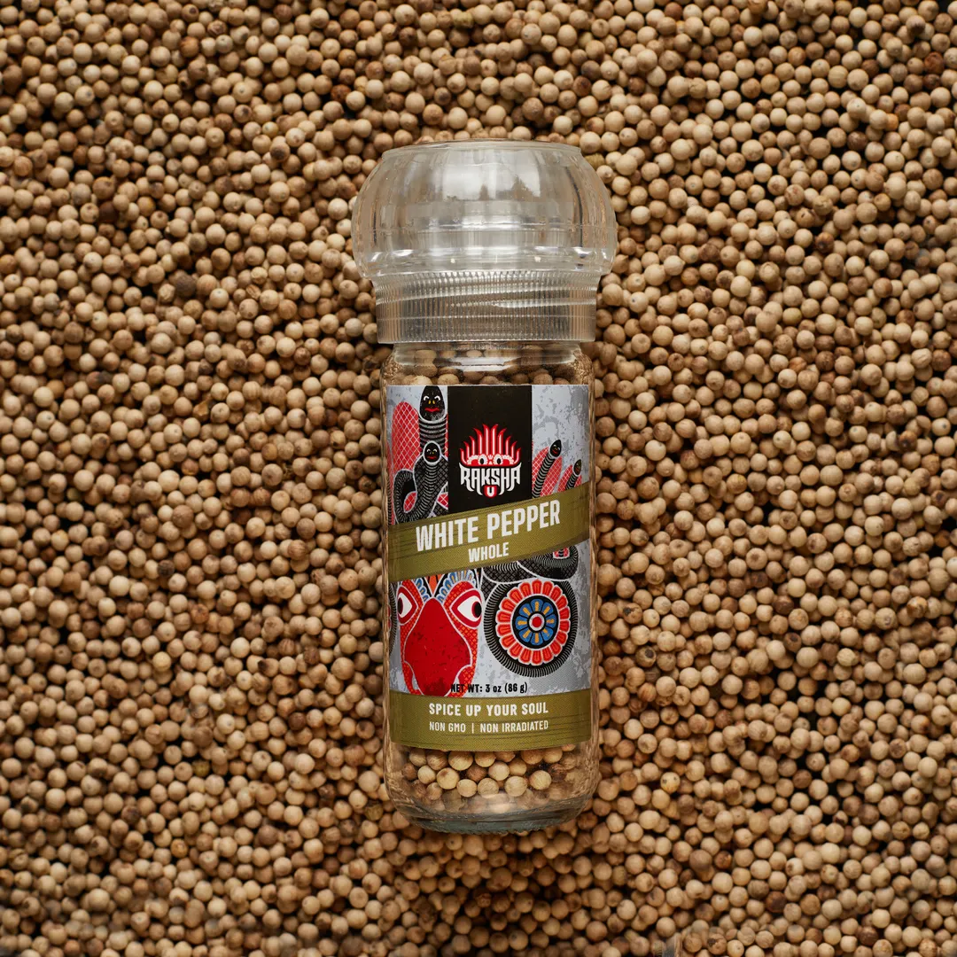 Raksha Single-Origin Sri Lankan Whole White Peppercorns (3 Oz Glass Jar)