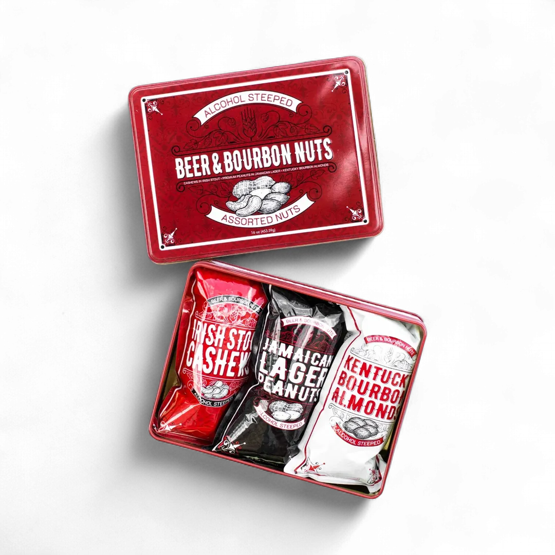 Beer and Bourbon Liquor Nuts Gourmet Gift Tin