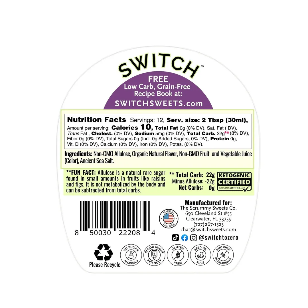 SWITCH® Sweet & Buttery Pancake Syrup (Zero Sugar, Zero Bad Stuff) - 12oz Glass Bottle