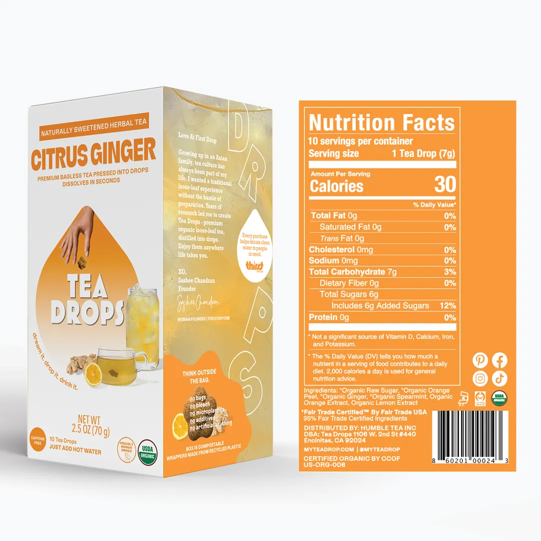 Citrus Ginger Tea Box- 10 Organic Tea Drops (Case of 6)