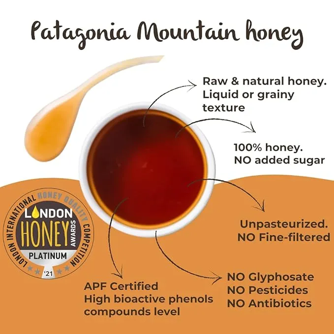 Patagonia Mountain Raw Honey APF 100+ – 500g, Organic & Unpasteurized, Medicinal Honey