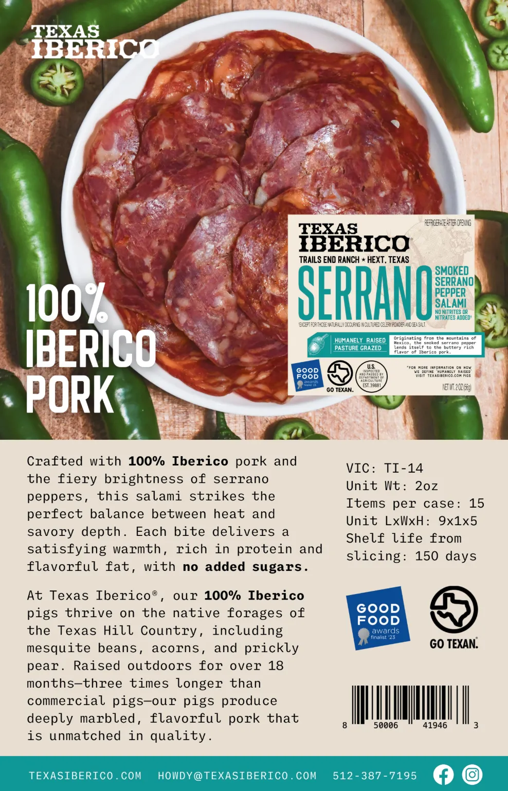 Texas Iberico® Chef's Serrano Pepper Salami - 1 UNIT