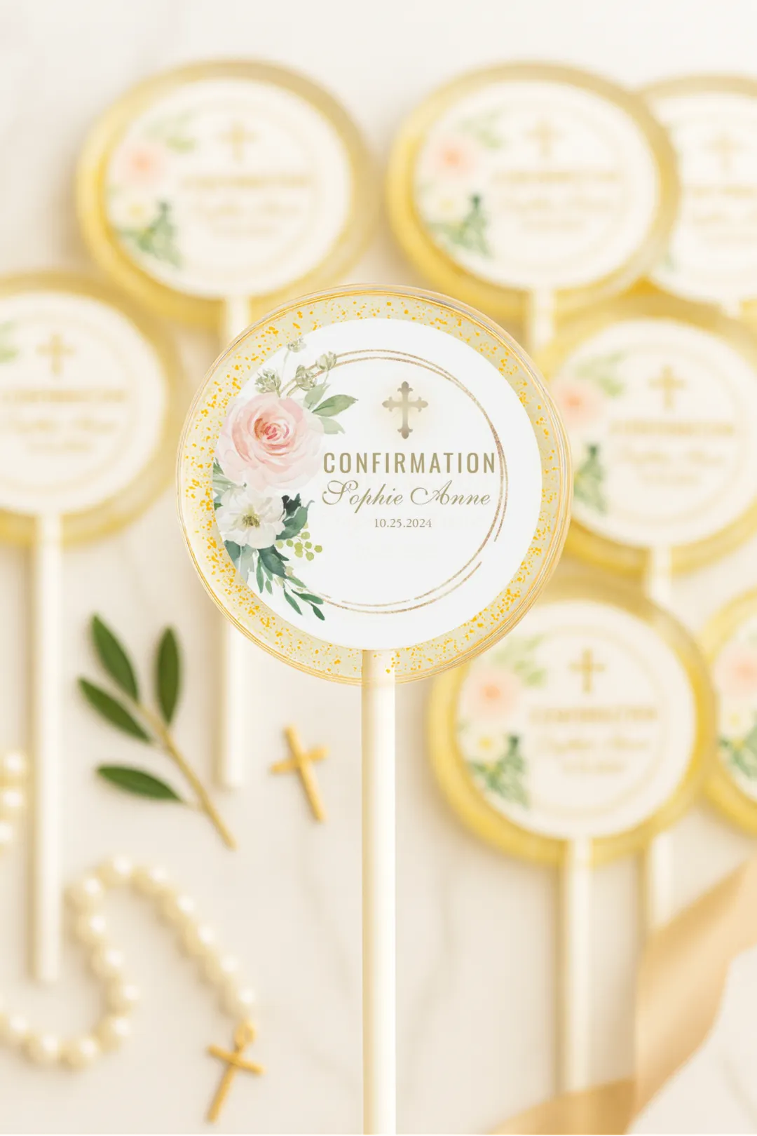 Personalized Confirmation Lollipop Favors with Gold 