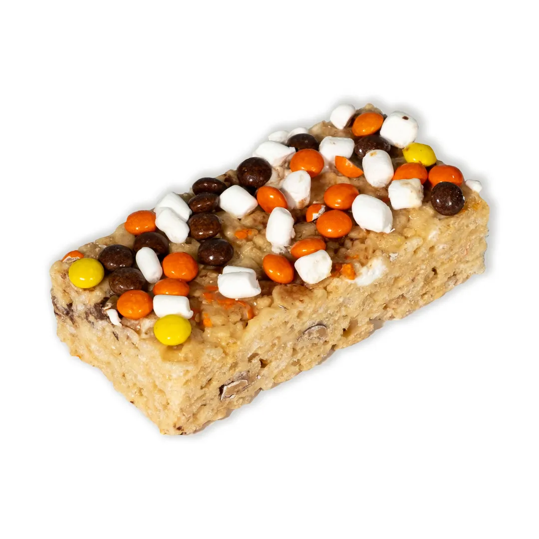 Chocolate Peanut Butter Krispie Rice Treat Barsr Made with Reeses's Pieces