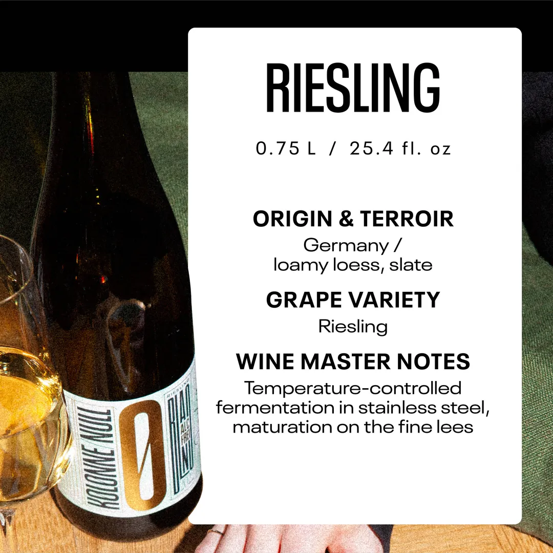 Kolonne Null Riesling, Non-Alcoholic White Wine | Expressive Minerals, Delicate Acidity, Fine Fruit | Dealcoholized with Grapes from Germany 25.4 fl oz (<0.5% ABV, 750ml)