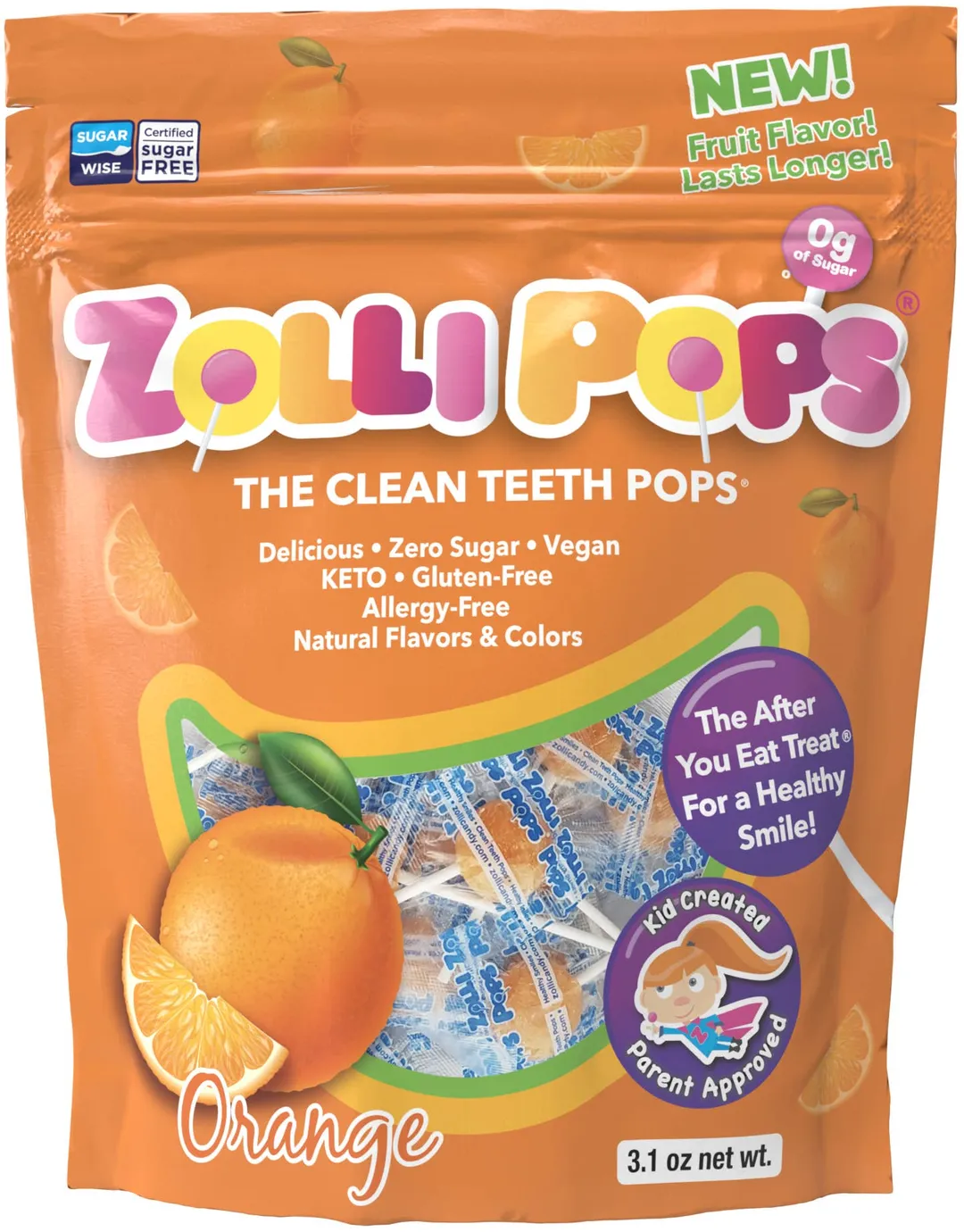 Zollipops Zero Sugar Orange - 3.1oz Pouch