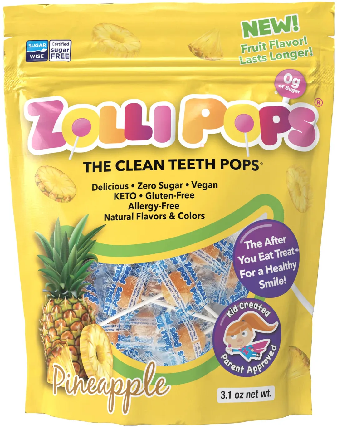 Zollipops Zero Sugar Pineapple - 3.1oz Pouch
