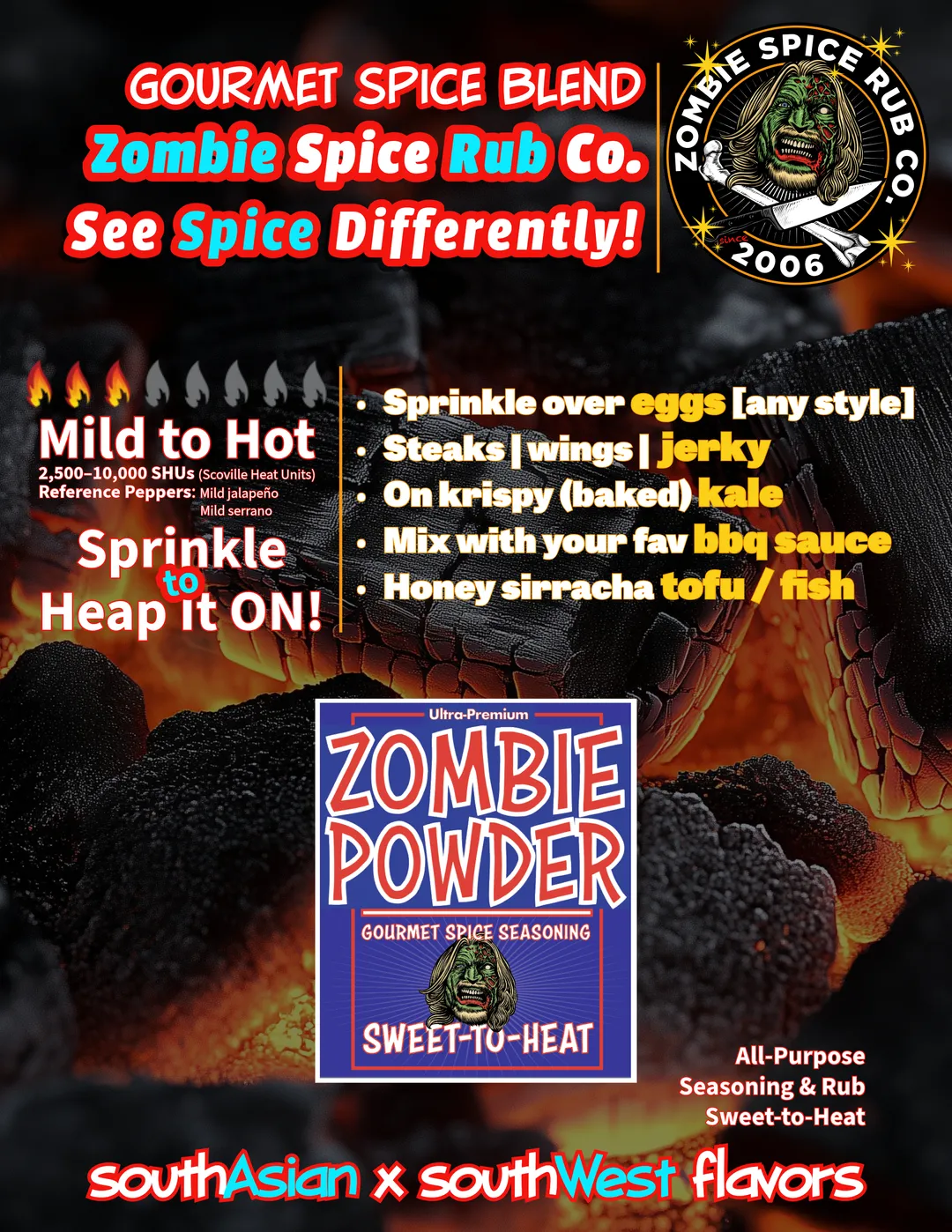 Zombie Spice Rub Co. | Zombie Powder | 12-pack | 4oz | Glass Jar | Sweet-to-Heat Gourmet All-Purpose Seasoning & Rub
