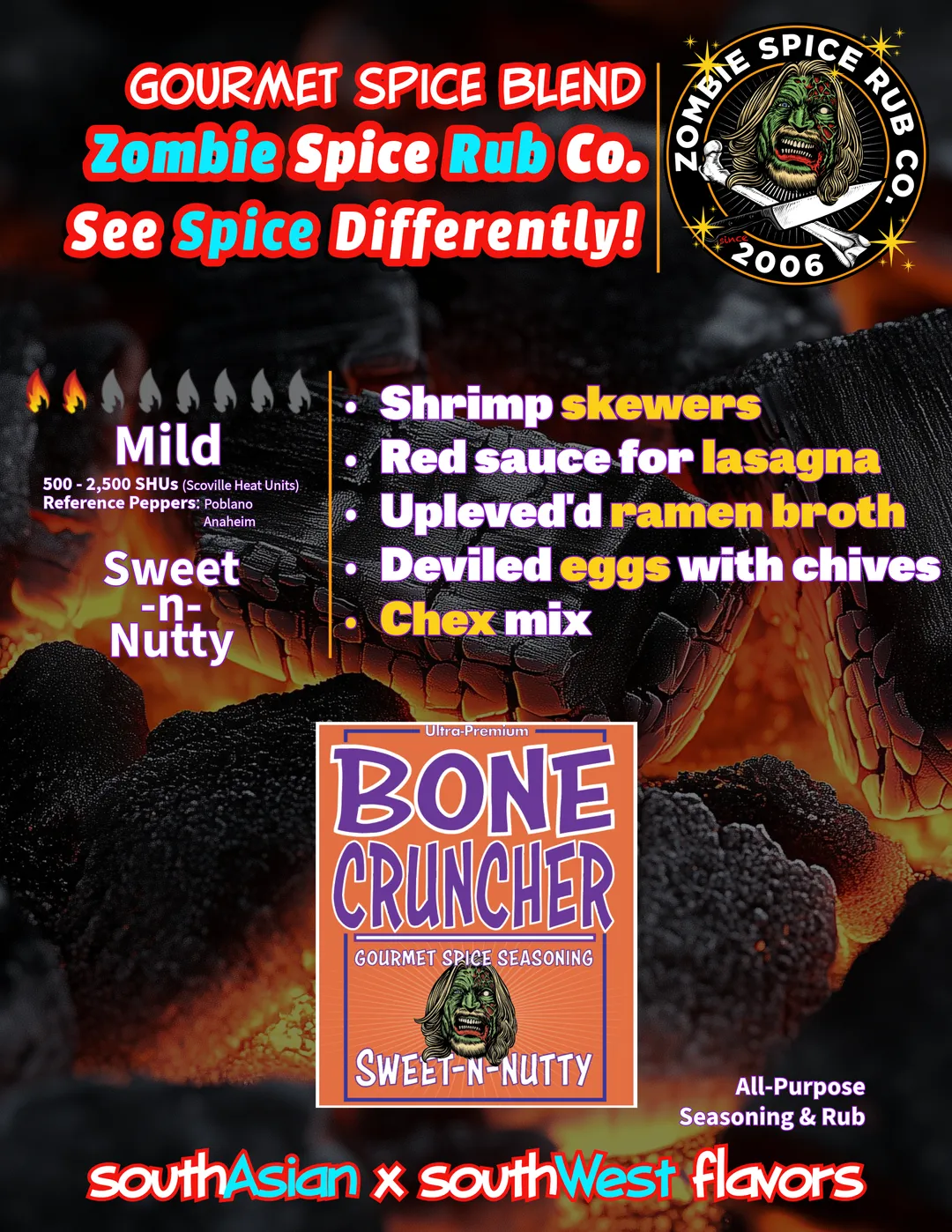 Zombie Spice Rub Co. | Bone Cruncher | 12-pack | 4oz | Glass Jar | Sweet & Nutty are Your Friends All-Purpose Seasoning & Rub