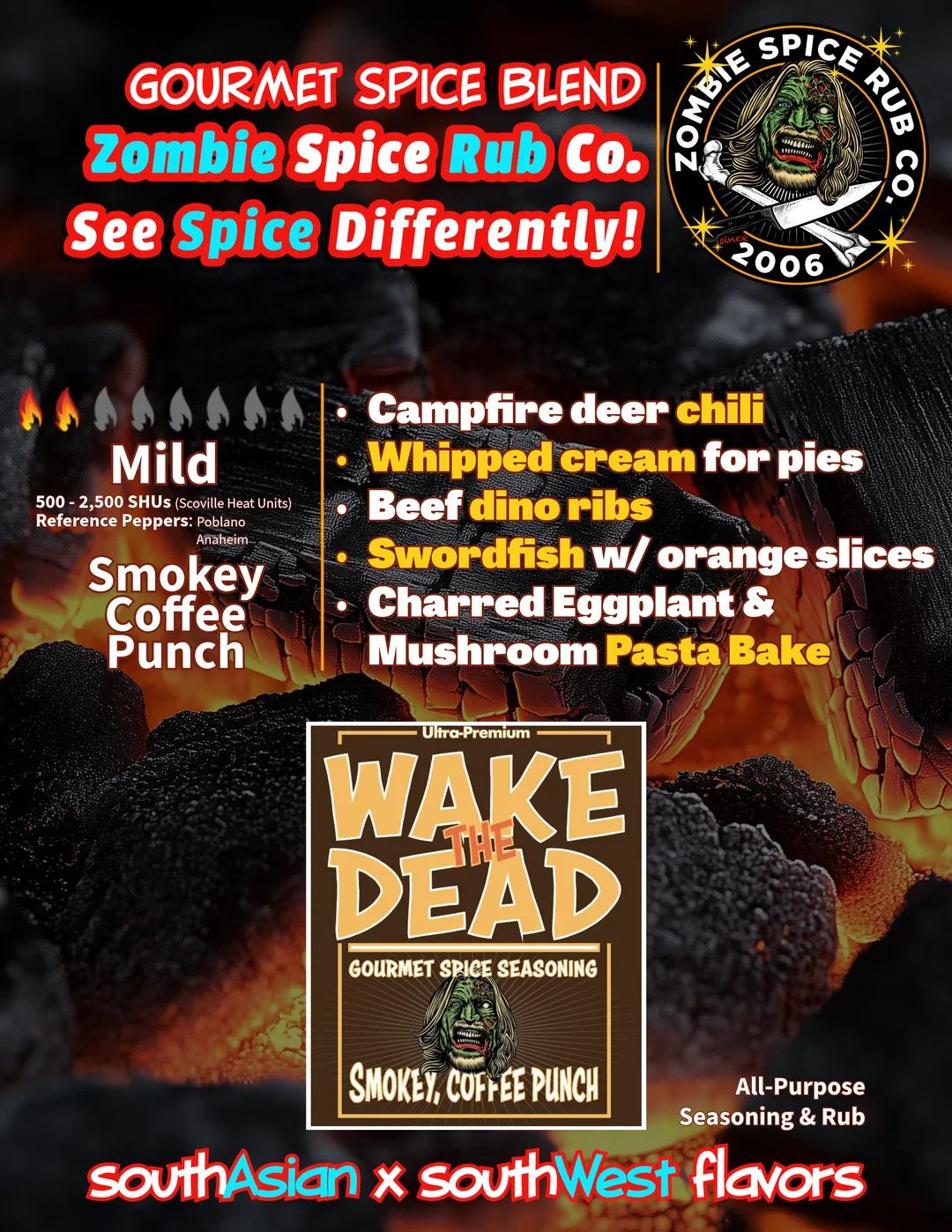 Zombie Spice Rub Co. | Wake the Dead | 12-pack | 4oz | Glass Jar | Smokey, Coffee Punch Gourmet Seasoning & Rub