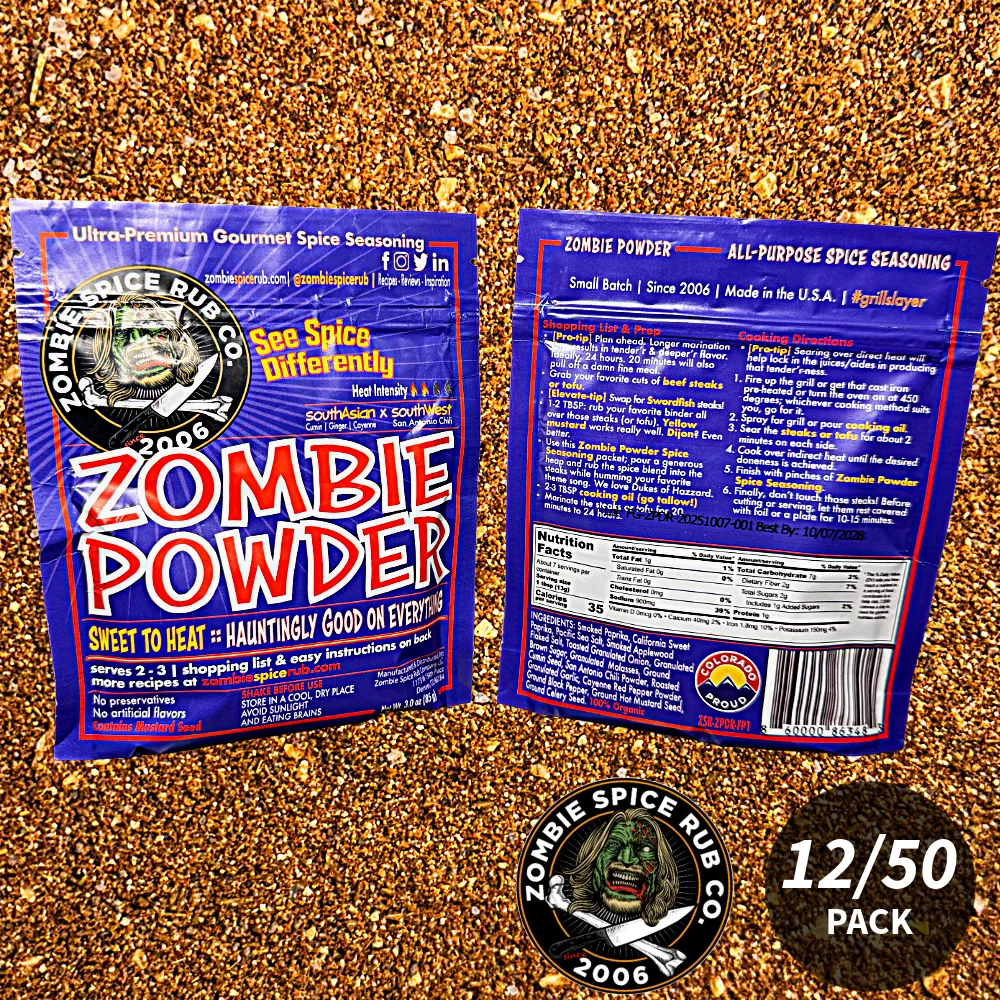 Zombie Spice Rub Co. | Zombie Powder | 12 & 50 Packs | 3oz | Reseable Spice Pouch | Sweet-to-Heat Gourmet All-Purpose Seasoning & Rub