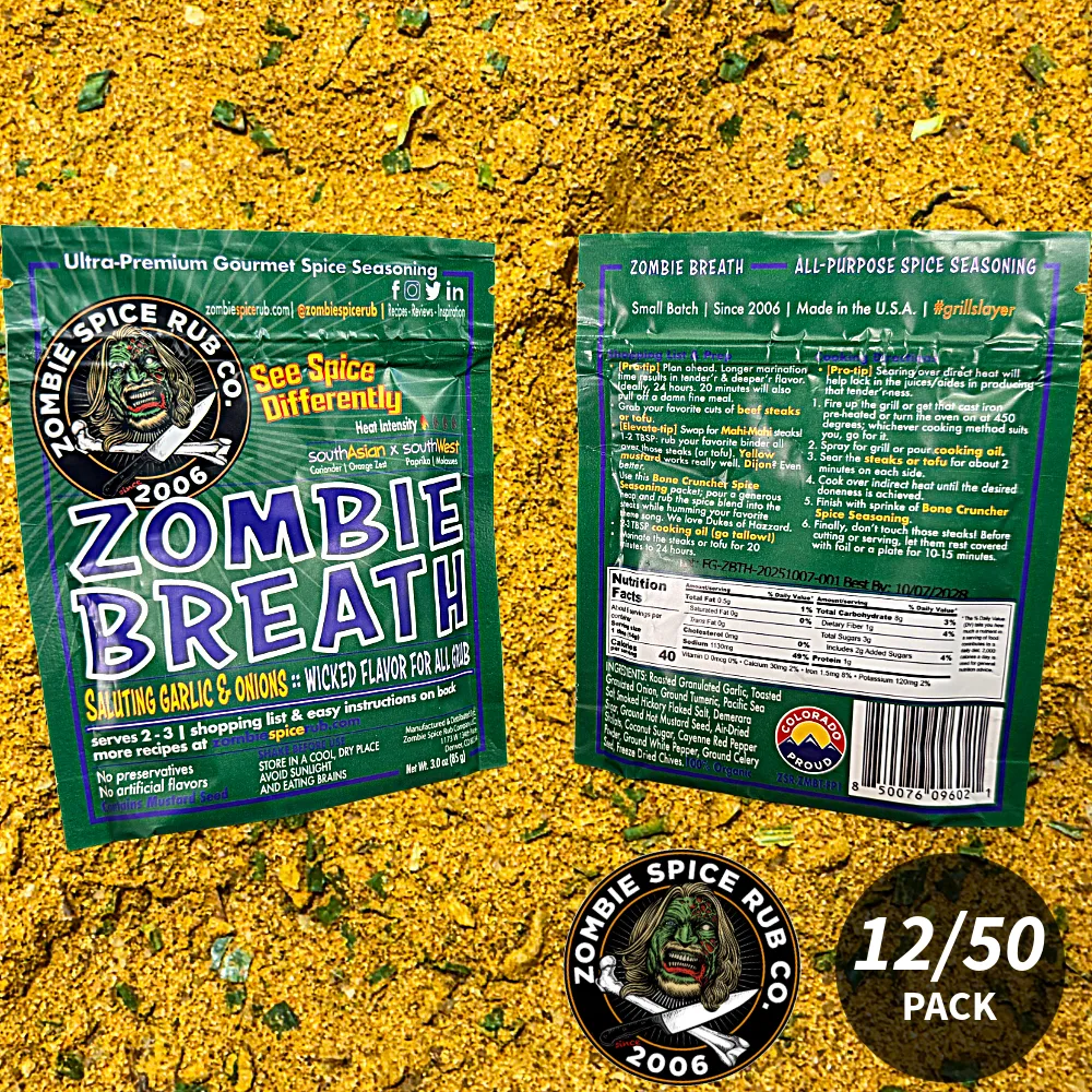 Zombie Spice Rub Co. | Zombie Breath | 12 & 50 Packs | 3oz | Reseable Spice Pouch | Saluting Garlic & Onions All-Purpose Seasoning & Rub