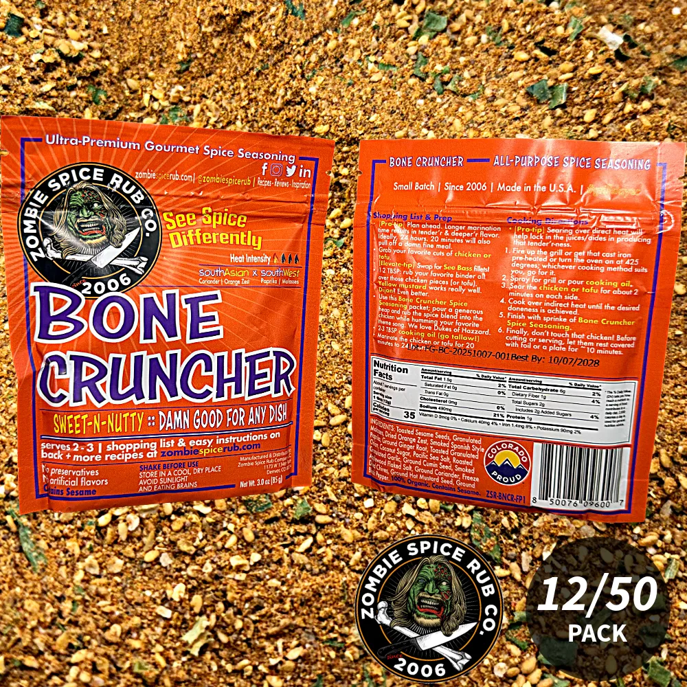 Zombie Spice Rub Co. | Bone Cruncher | 12 & 50 Packs | 3oz | Reseable Spice Packet | Sweet & Nutty are Your Friends All-Purpose Seasoning & Rub