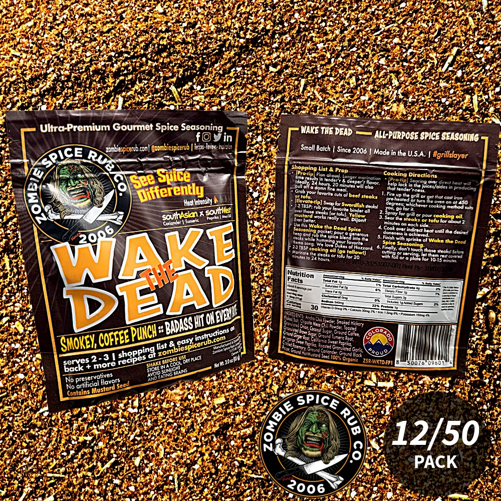 Zombie Spice Rub Co. | Wake the Dead | 12 & 50 Packs | 3oz | Reseable Spice Pouch | Smokey, Coffee Punch All-Purpose Seasoning & Rub